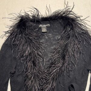 BETSEY JOHNSON Vintage Y2K Black Ostrich Feather Trim Angora Wrap Sweater RARE S